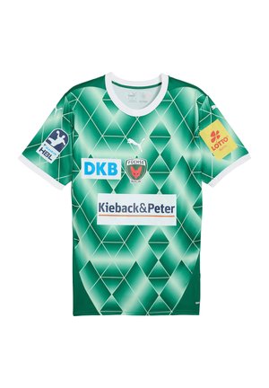 Grøn sportsjersey med geometrisk diamantmønster, hvid krave og logoer for Füchse Berlin, DKB, Kieback & Peter, Lotto og DKB HBL på ærmer og front.