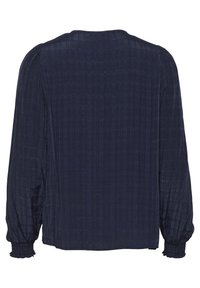 Navy blue blouse with textured, crinkled fabric, long sleeves, and elasticized cuffs; features a round neckline and a relaxed fit.