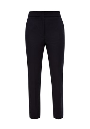 Zwarte, op maat gemaakte broeken met een gladde textuur, slim fit en een platte tailleband. Heeft geen zakken en een klassieke silhouet.