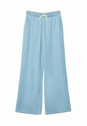 Ljusblå vida jeansbyxor i denim med elastisk midja och dragsko, samt två sidofickor. Slät struktur.