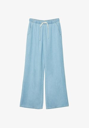 Jasnoniebieskie szerokie spodnie z denimu, z elastycznym paskiem w talii i sznurkiem oraz dwiema bocznymi kieszeniami. Gładka tekstura.