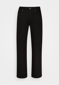 Schwarze Jeans mit geradem Bein, aus Denim hergestellt. Mit zwei vorderen Taschen und einer hinteren Tasche, ergänzt durch silberne Hardware-Akzente.