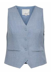 Gilet su misura azzurro chiaro senza maniche con quattro bottoni sulla parte anteriore e due tasche a fessura orizzontale, etichetta della taglia visibile all'interno del colletto.