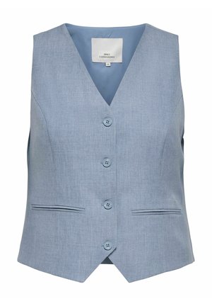 Gilet su misura azzurro chiaro senza maniche con quattro bottoni sulla parte anteriore e due tasche a fessura orizzontale, etichetta della taglia visibile all'interno del colletto.