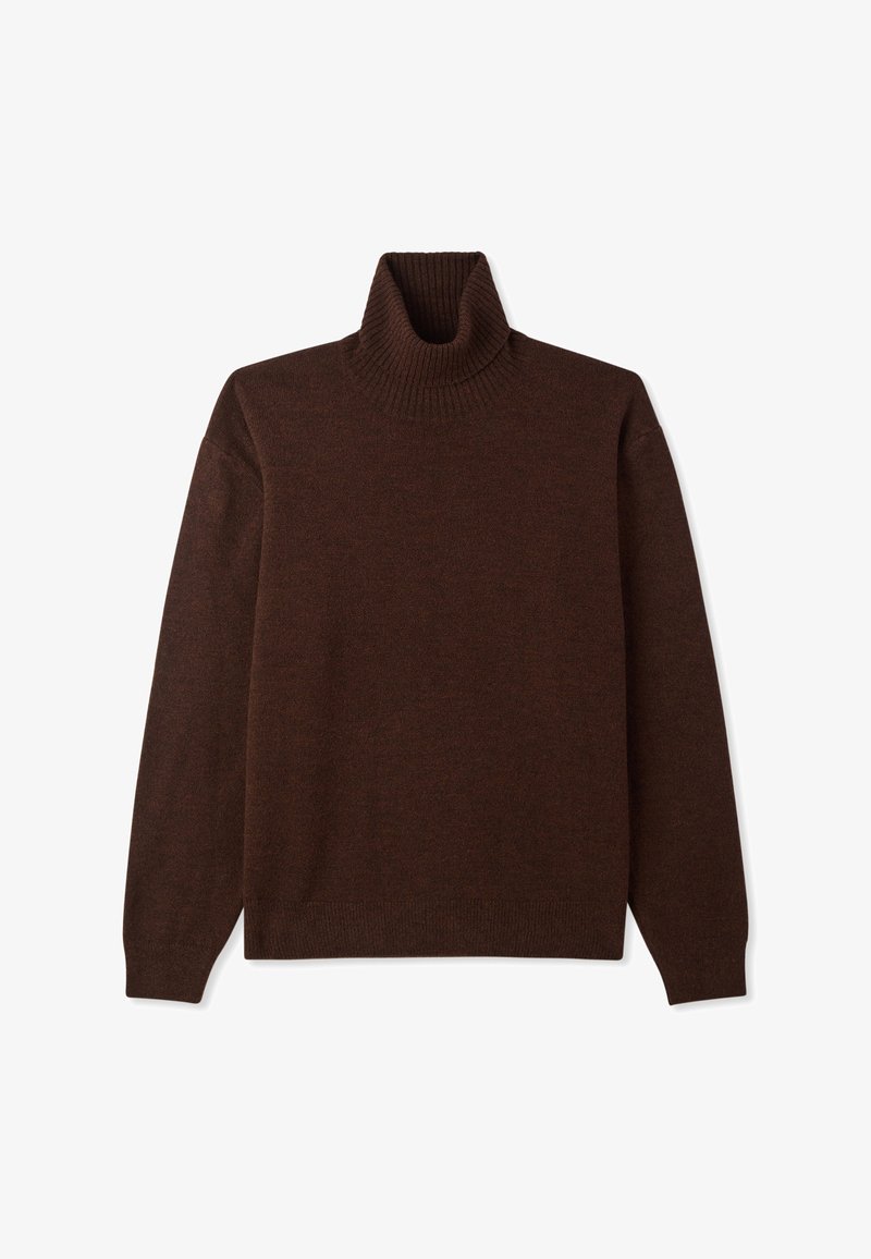 Maglione marrone a collo alto realizzato in morbido tessuto a maglia. Presenta maniche lunghe, collo e orlo a coste, con una texture liscia e un design semplice.