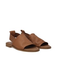 Braune Leder-Slingback-Sandalen mit offenen Zehen, weichem Obermaterial, flacher Sohle und elastischem Fersenriemen für sicheren Halt.