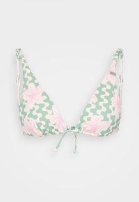 Triangulär bikinitop i ljusgrön med vita vågiga mönster och rosa blommiga detaljer. Har justerbara band och mjukt, elastiskt tyg.