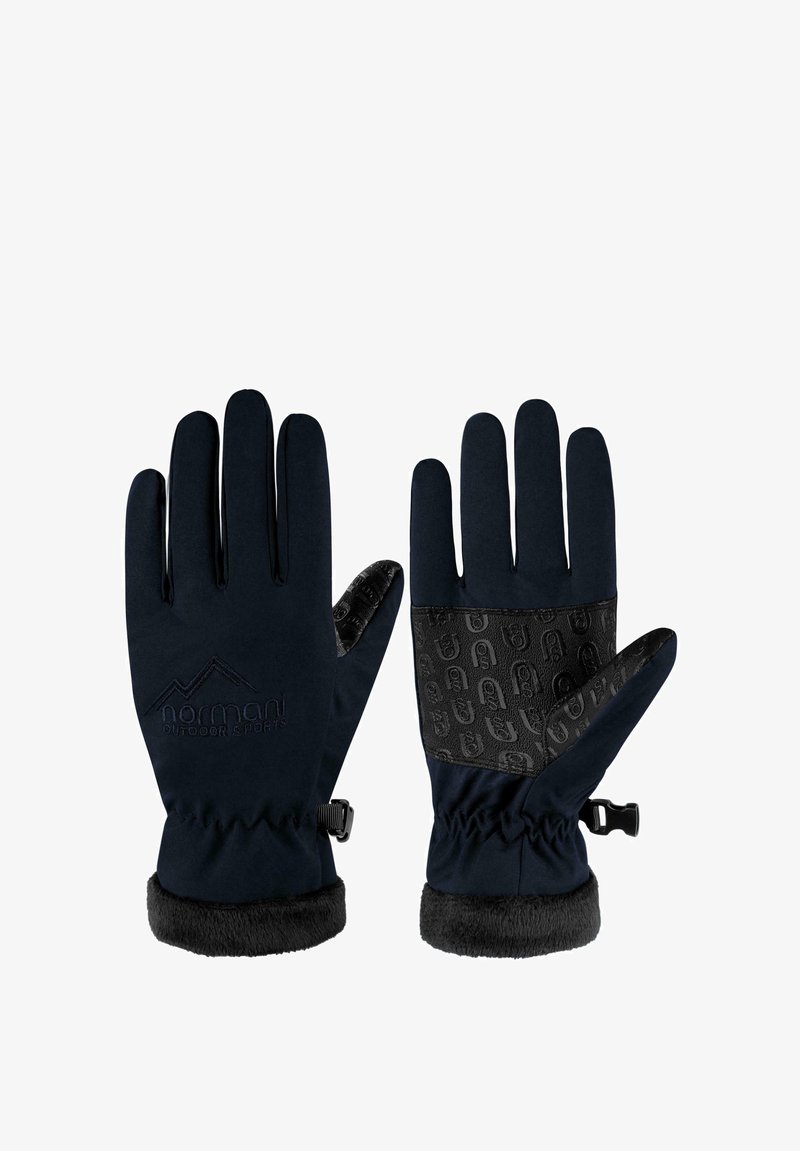 Navy gloves with a fleece lining, textured black palm, elastic wrist cuff, and embroidered logo; designed for outdoor activities.