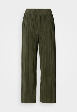 Pantalons plissés vert olive avec une coupe large, avec une taille élastique et une texture verticale sur l'ensemble du tissu.