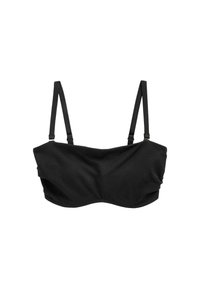Svart bikiniöverdel med texturerad tyg, bandeau-design, justerbara axelband och subtila rynkdetaljer i mitten och på sidorna.