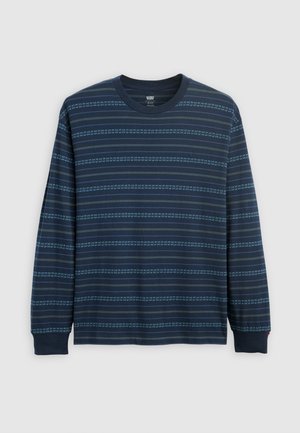 Chemise à manches longues bleu marine avec des rayures horizontales. Présente un col rond et des manches à revers. Le tissu semble doux et texturé.