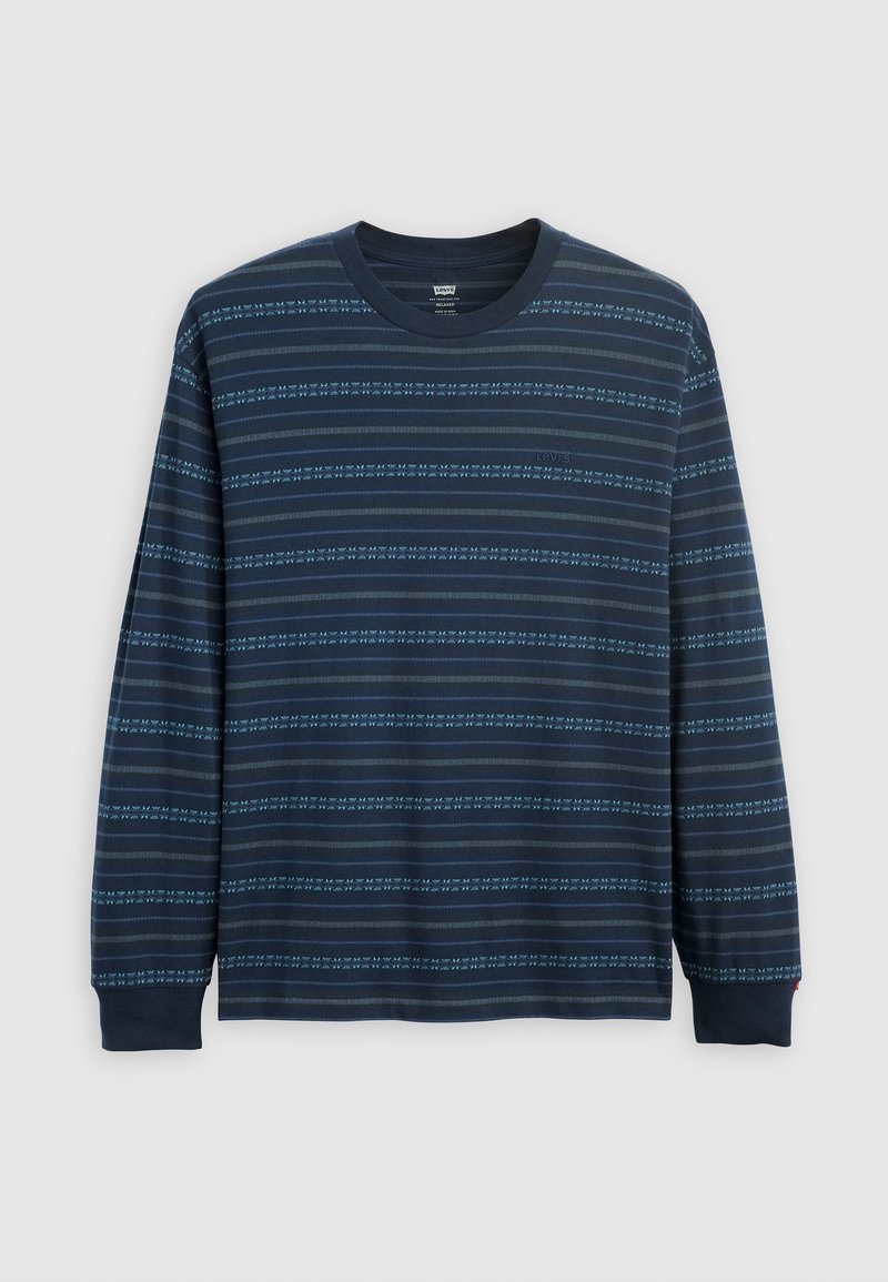 Maglietta a maniche lunghe di colore navy con strisce orizzontali blu. Presenta un collo rotondo e maniche con polsini. Il materiale sembra morbido e con una certa texture.