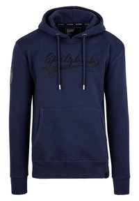 Navy sweatshirt with hood, front kangaroo pocket, embroidered text "Spitzbub" in black, metal eyelets, and ribbed cuffs. Soft fabric texture.