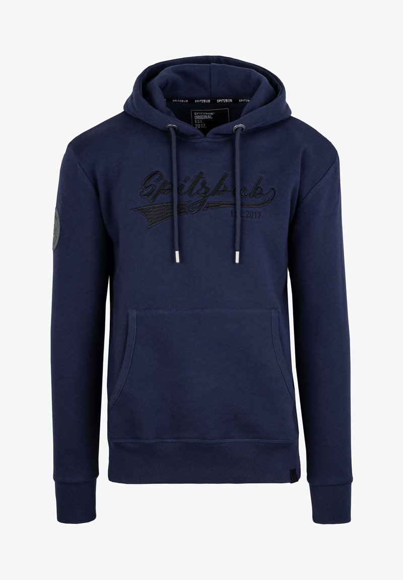 Navy sweatshirt with hood, front kangaroo pocket, embroidered text "Spitzbub" in black, metal eyelets, and ribbed cuffs. Soft fabric texture.