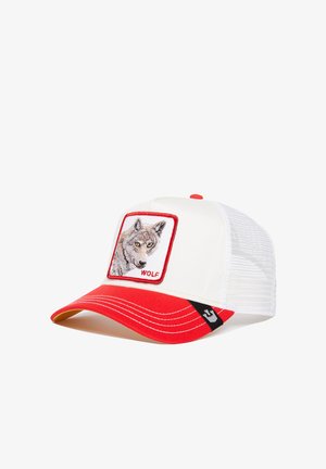 Weiße Kappe mit rotem Schild und Netzrücken, ausgestattet mit einem gestickten Wolf-Motiv und dem Wort "WOLF" in rot. Verstellbarer Riemen hinten.