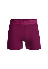 Burgundske bokserice z širokim pasom, na katerem je logotip "MUCHACHOMALO". Gladka tkanina, prilega obliko in opazni šivi.