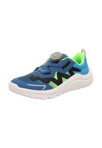 Scarpa sportiva blu con tomaia a motivo strutturato nero e verde, suola bianca e sistema di chiusura a rotella centrale.
