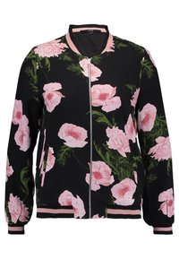 Giacca bomber nera con ampi motivi floreali rosa, chiusura con zip, colletto e polsini a coste, e una texture liscia e leggera.