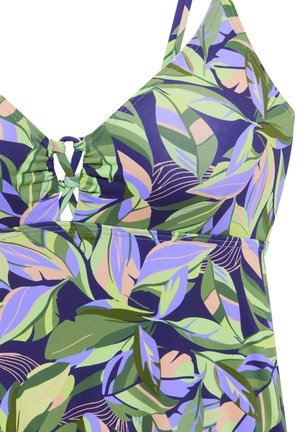 Swimsuit with adjustable spaghetti straps, featuring a purple, green, and pink leaf pattern on a navy background and a keyhole detail at the front.