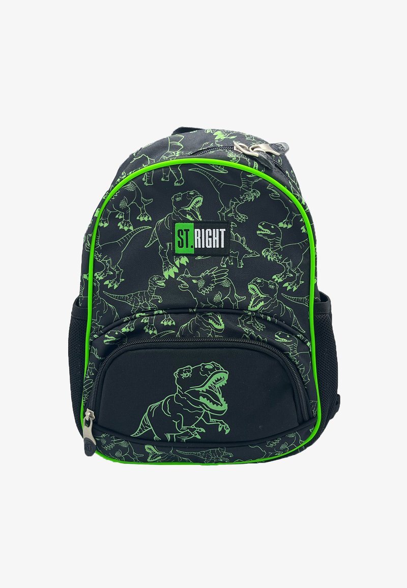 Schwarzer Rucksack mit neongrünen Dinosauriergrafiken, einer oberen Reißverschlusstasche und einem Logo-Patch. Enthält Designelemente und eine strukturierte Oberfläche.