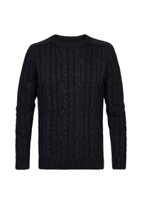 Marineblauer Kabelstrickpullover mit rundem Halsausschnitt, langen Ärmeln sowie gerippten Bündchen und Saum. Texturiertes Muster auf der gesamten Fläche.