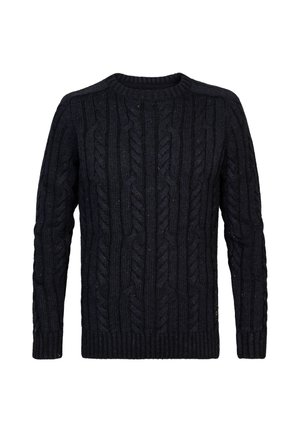Pull en maille torsadée bleu marine avec un col rond, des manches longues et des bords-côtes aux poignets et à l'ourlet. Motif texturé sur l'ensemble.