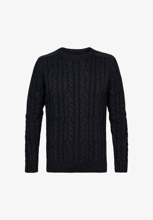 Pull en maille torsadée bleu marine avec un col rond, des manches longues et des bords-côtes aux poignets et à l'ourlet. Motif texturé sur l'ensemble.
