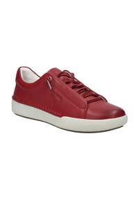 Sneaker in pelle rossa con punta arrotondata, suola bianca texturizzata e lacci decorativi. Sul lato presenta un dettaglio cucito e un piccolo marchio.