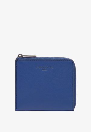 Blaues Lederportemonnaie mit Reißverschluss, mit gesteppten Details und einem auf der Vorderseite geprägten Logo. Rechteckige Form mit glatter Textur.