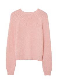 Maglione lavorato a maglia di un rosa chiaro, con scollo rotondo, maniche lunghe a raglan e una vestibilità rilassata. Tessuto testurizzato con polsini e orlo ribattuti.
