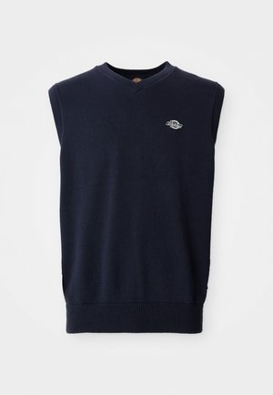 Marinefarbener ärmelloser Pullover mit V-Ausschnitt, geripptem Saum und kleinem Logo auf der linken Seite. Hergestellt aus einem weichen, strukturierten Stoff.