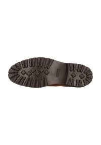 Braune Gummistiefelsohle mit tiefen Profilen, strukturiertem Muster und einem glatten Bereich im Bogen; verfügt über erhabene Logos und Konturen für Traktion.