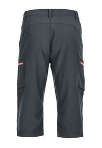 Shorts cargo noirs longueur genou avec poches latérales bordées de orange, montrés de dos sur fond blanc.