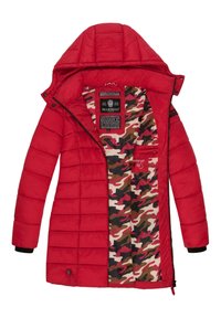 Červená puffová bunda s kapucňou, so špeciálnou vnútornou podšívkou v camouflage vzore v červených, béžových a zelených odtieňoch a elastickými manžetami pre tesný strih.