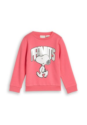 Różowa dziecięca bluza z długim rękawem z postacią rysunkową Snoopy i słowem "PEANUTS" dużymi białymi literami na przodzie.