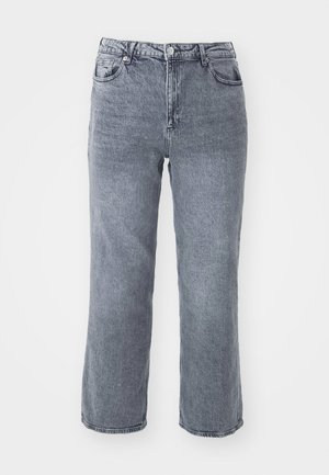 Gray, high-waisted jeans made of denim, featuring a straight-leg cut, dual front pockets, and a single back pocket with subtle fading.