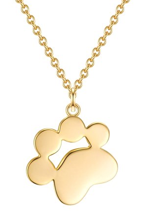 Gold necklace featuring a paw-shaped pendant with rounded edges and cut-out bone detail, attached to a linked chain.
