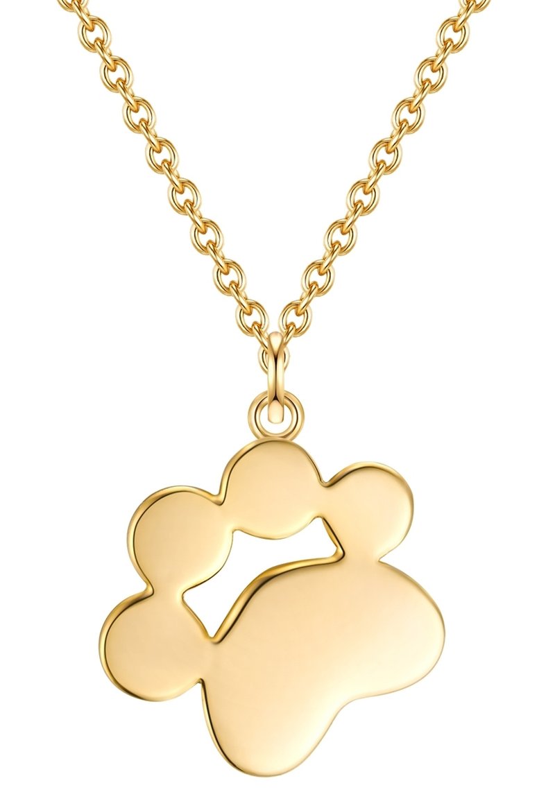 Collar de oro con un colgante en forma de huella de pata con bordes redondeados y un recorte en forma de hueso abierto en el centro, colgando de una cadena enlazada.