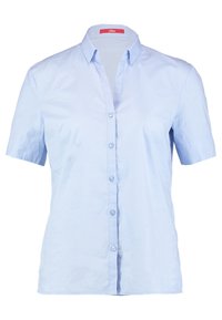 Chemise bleu clair à manches courtes avec un col, comportant sept boutons sur le devant, fabriquée en coton tissé lisse.