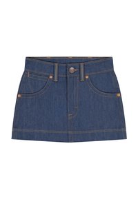 Μπλε μίνι φούστα από τζιν με κουμπιά μπροστά, θηλιές για ζώνη, δύο μπροστινές τσέπες και πορτοκαλί ραφές αντίθεσης.