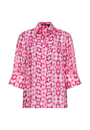 Rosa-weiß gemusterte Bluse mit Knopfleiste, Dreiviertelärmeln und spitzem Kragen.