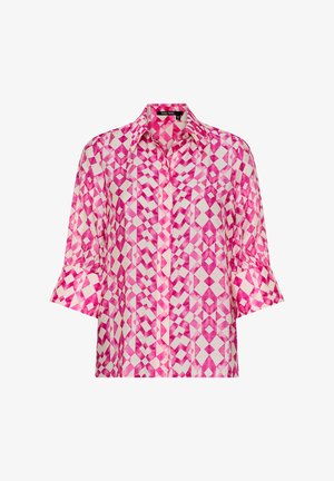 Rosa-weiß gemusterte Bluse mit Knopfleiste, Dreiviertelärmeln und spitzem Kragen.