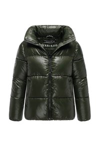 Puffjacka i mörkgrön, glansigt material, med hög krage, dragkedjeslutning och horisontell quiltad design med två framfickor.