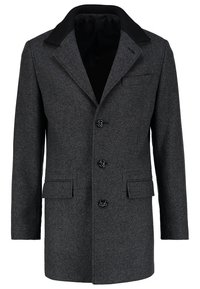Cappotto di lana grigio scuro su misura con colletto nero, tre bottoni neri sul davanti e due tasche a pattina in vita.