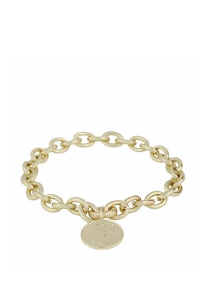 Gold-toned chain bracelet with oval links and a round coin charm featuring embossed figures and text.