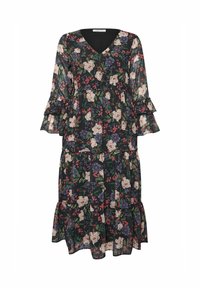 Vestido floral con fondo negro y flores rosas y azules, escote en V, mangas con volante y dobladillo con capas, confeccionado en una tela ligera.