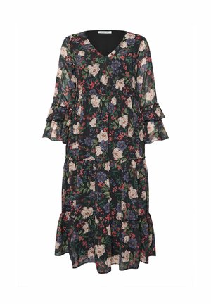 Abito floreale con sfondo nero e fiori rosa e blu, scollatura a V, maniche voluminose e orlo a strati realizzato in tessuto leggero.