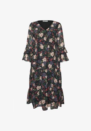 Bloemige jurk met een zwarte achtergrond met roze en blauwe bloemen, een V-hals, gerimpelde mouwen en een gelaagde zoom, gemaakt van lichtgewicht stof.