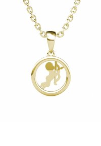 Collana con pendente in oro caratterizzata da un design circolare con una sagoma ritagliata di una figura che impugna un arco. Superficie liscia e finitura lucida.