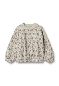 Felpa floreale grigia chiara con piccole rose rosa. Presenta un collo tondo, maniche arricciate e un orlo aderente. Tessuto morbido e testurizzato.